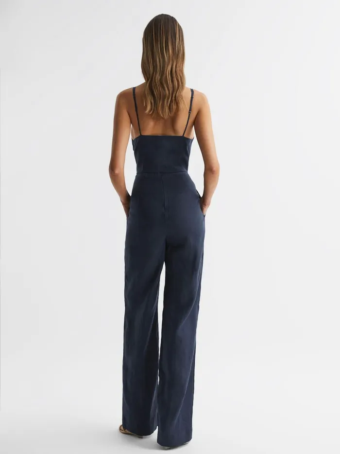 Reiss Jumpsuits Emilia VNeck Linen Jumpsuit Navy 8211 Women