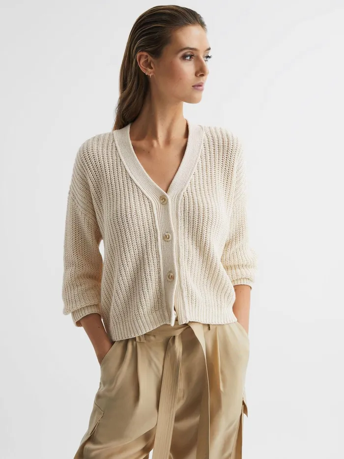 Reiss Knitwear Adeena CottonLinen Blend Knit Cardigan Navy 8211 Women