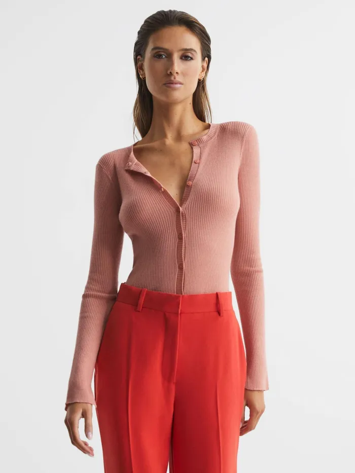 Reiss Knitwear Arabella Silk Wool Blend Ribbed Cardigan Pink 8211 Women