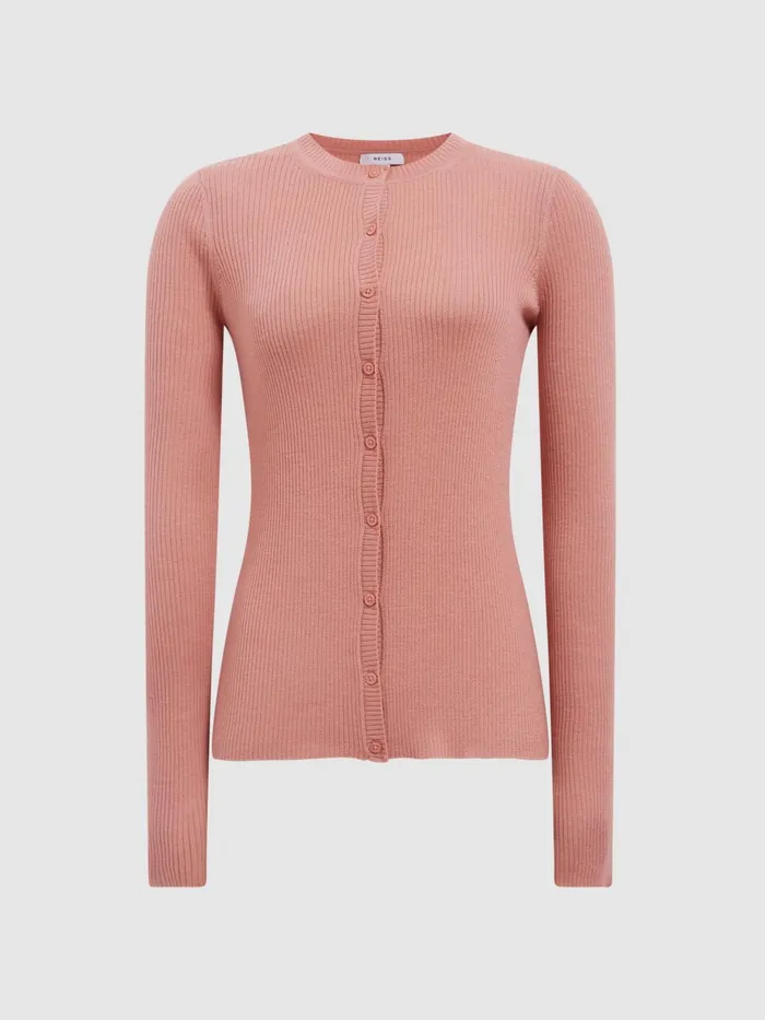 Reiss Knitwear Arabella Silk Wool Blend Ribbed Cardigan Pink 8211 Women