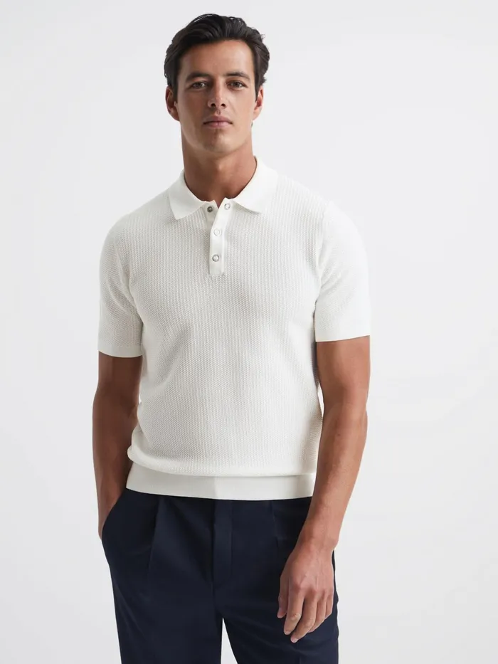 Reiss Knitwear Bennie Press Stud Textured Polo Shirt Airforce Blue 8211 Men