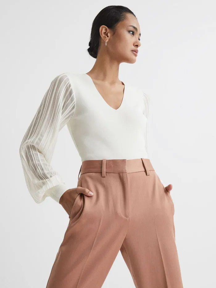 Reiss Knitwear Brooklyn Sheer Sleeve Top Ivory 8211 Women