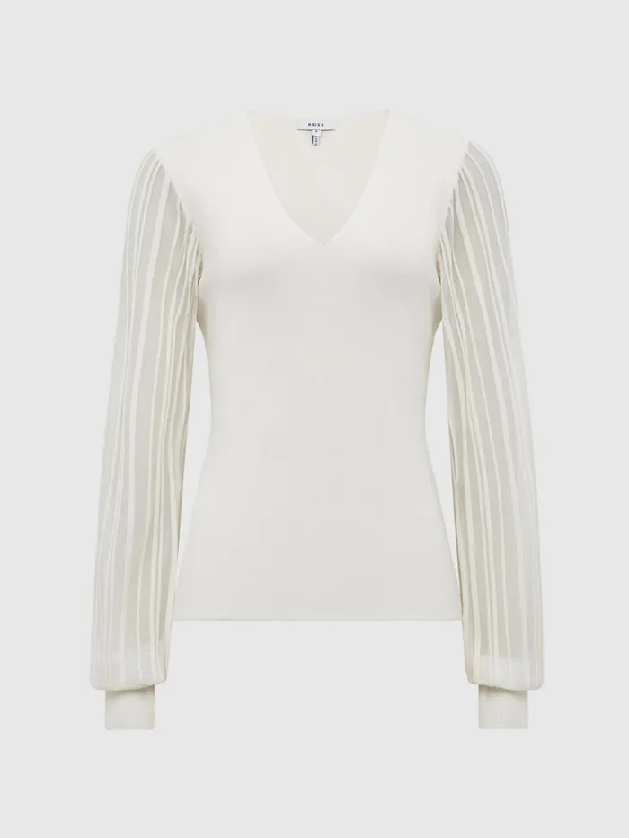 Reiss Knitwear Brooklyn Sheer Sleeve Top Ivory 8211 Women
