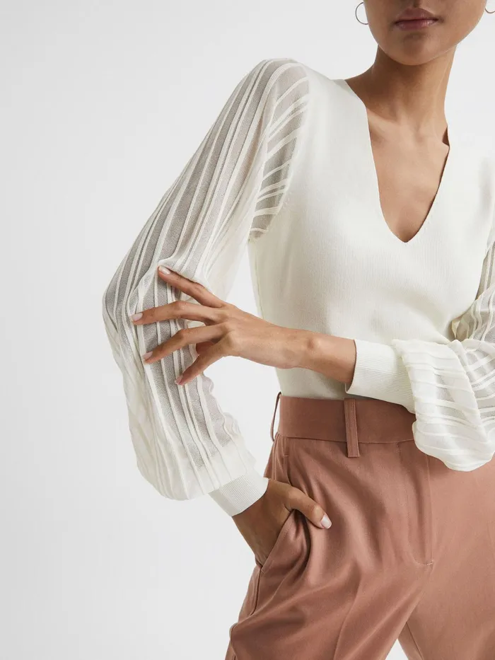 Reiss Knitwear Brooklyn Sheer Sleeve Top Ivory 8211 Women