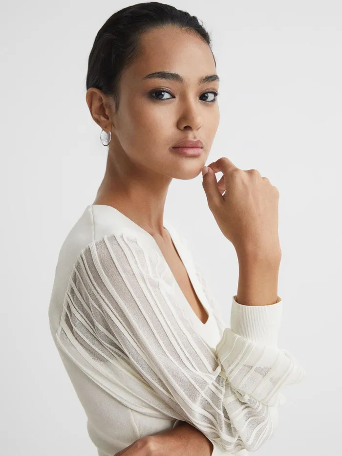 Reiss Knitwear Brooklyn Sheer Sleeve Top Ivory 8211 Women