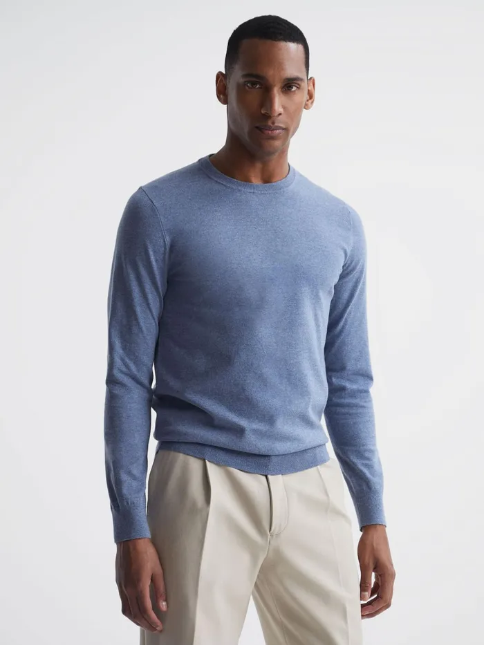 Reiss Knitwear Charles Slim Fit Cotton Crew Neck Jumper Blue 8211 Men
