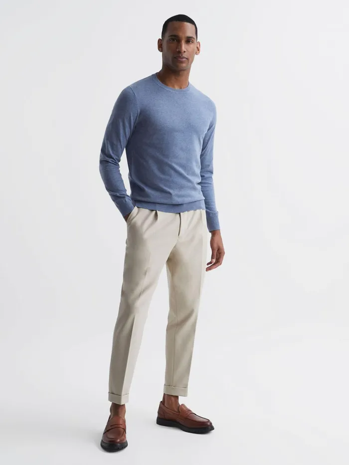 Reiss Knitwear Charles Slim Fit Cotton Crew Neck Jumper Blue 8211 Men