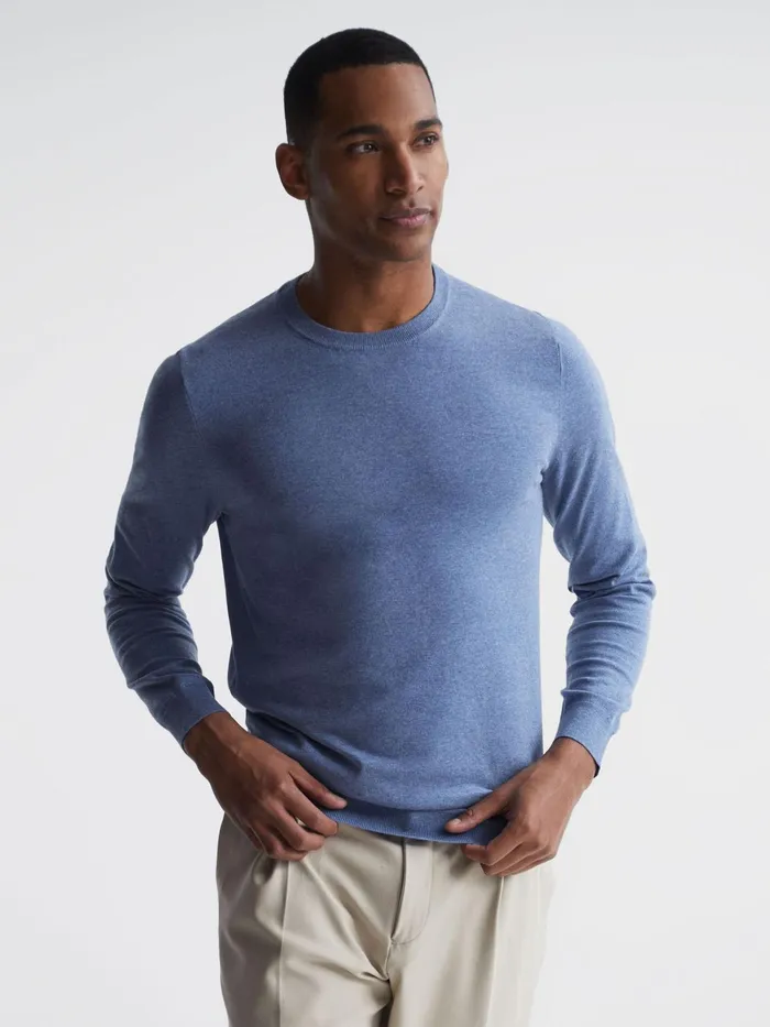 Reiss Knitwear Charles Slim Fit Cotton Crew Neck Jumper Blue 8211 Men
