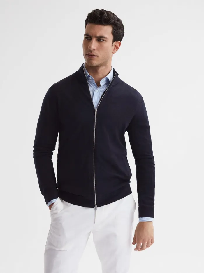 Reiss Knitwear Hampshire Merino Wool Zip Through Jumper Navy 8211 Men