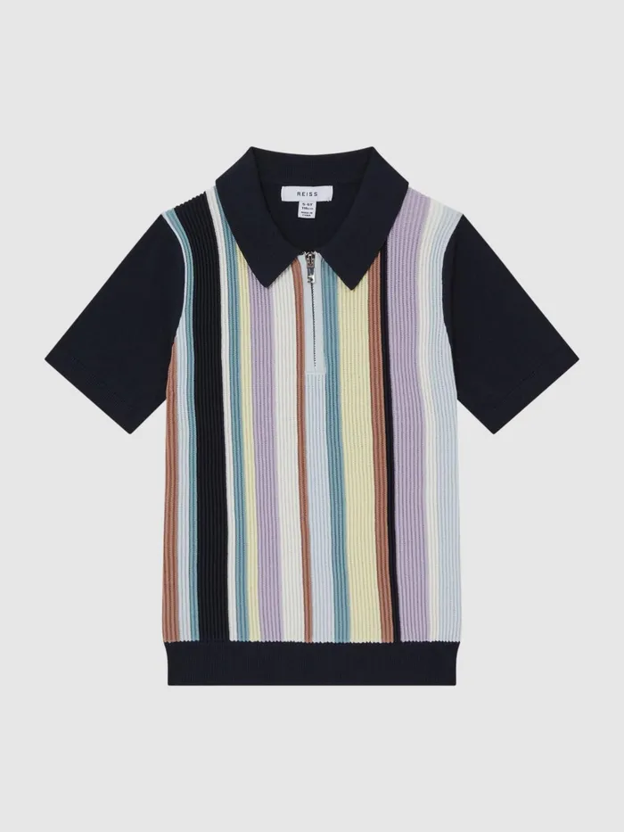 Reiss Knitwear Harris Striped Ribbed Half Zip Polo TShirt Multi 8211 Children