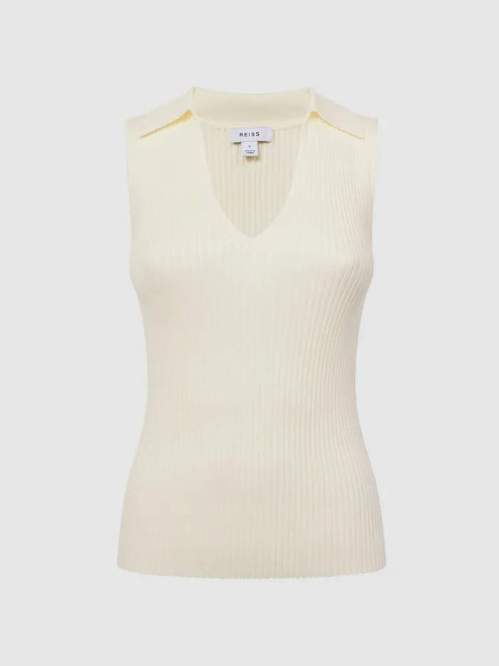 Reiss Knitwear Izzie VNeck Collared Sleeveless Top Cream 8211 Women