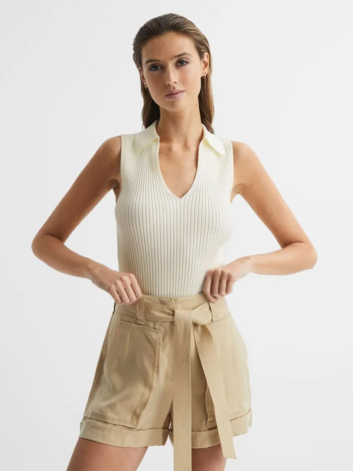 Reiss Knitwear Izzie VNeck Collared Sleeveless Top Cream 8211 Women