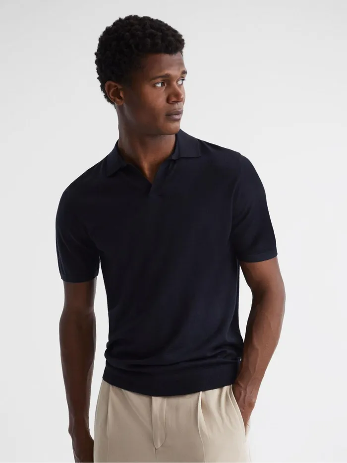 Reiss Knitwear Malbec Open Collar Silk Merino Polo Shirt Navy 8211 Men