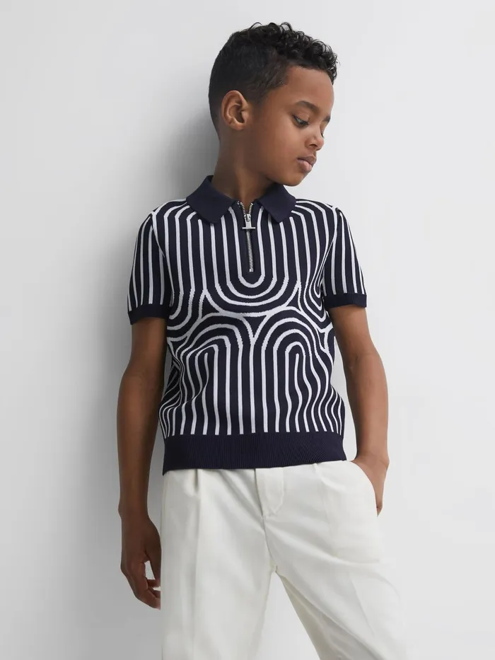 Reiss Knitwear Maycross HalfZip Striped Polo TShirt Navywhite 8211 Children