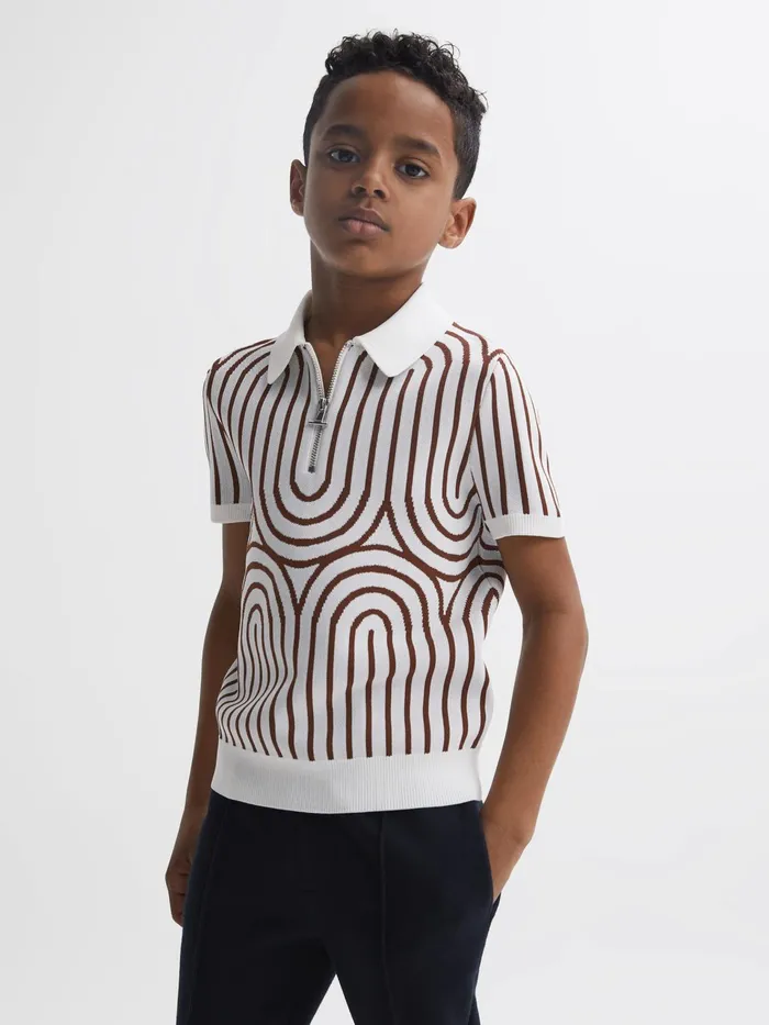 Reiss Knitwear Maycross HalfZip Striped Polo TShirt Whitebrown 8211 Children
