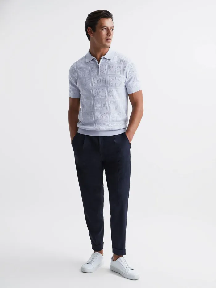 Reiss Knitwear Mosaic Half Zip Textured Polo Shirt Soft Blue 8211 Men