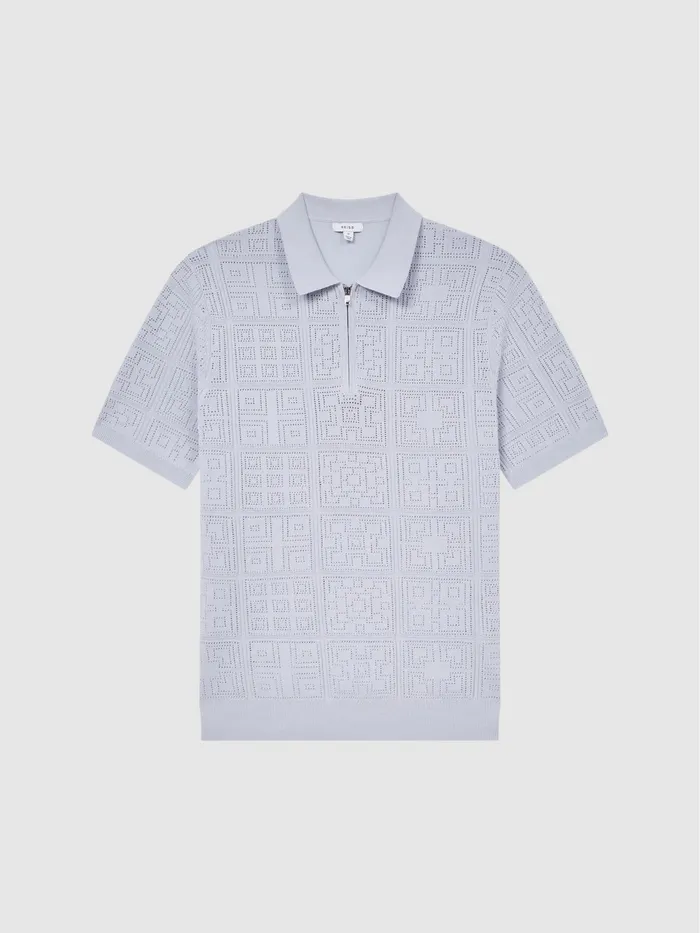 Reiss Knitwear Mosaic Half Zip Textured Polo Shirt Soft Blue 8211 Men