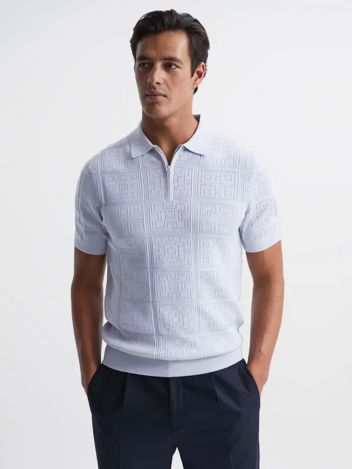 Reiss Knitwear Mosaic Half Zip Textured Polo Shirt Soft Blue 8211 Men