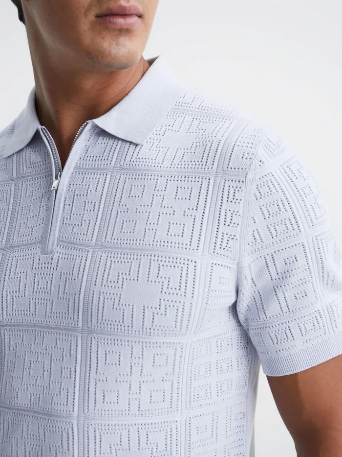 Reiss Knitwear Mosaic Half Zip Textured Polo Shirt Soft Blue 8211 Men