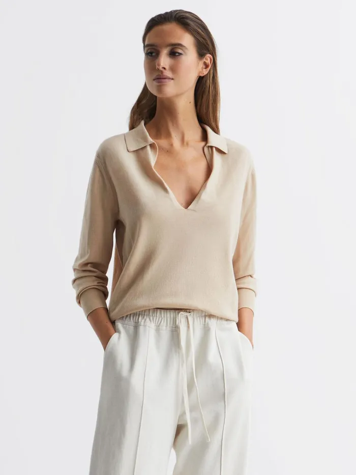 Reiss Knitwear Nellie Deep VCollared Knit Top Blue 8211 Women