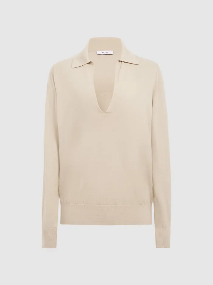 Reiss Knitwear Nellie Deep VCollared Knit Top Blue 8211 Women