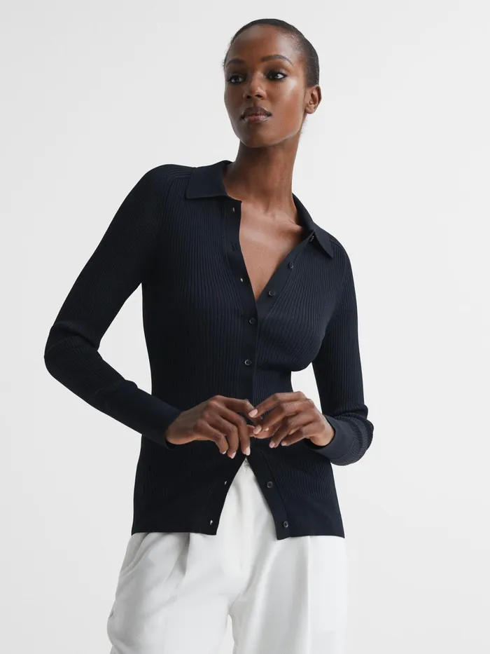 Reiss Knitwear Sandy Ribbed Button Through Shirt Navy 8211 Women