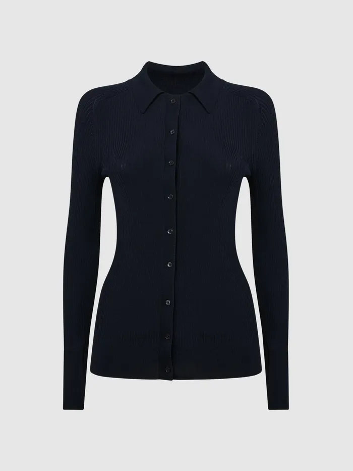 Reiss Knitwear Sandy Ribbed Button Through Shirt Navy 8211 Women