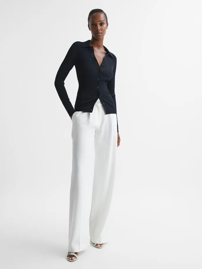 Reiss Knitwear Sandy Ribbed Button Through Shirt Navy 8211 Women