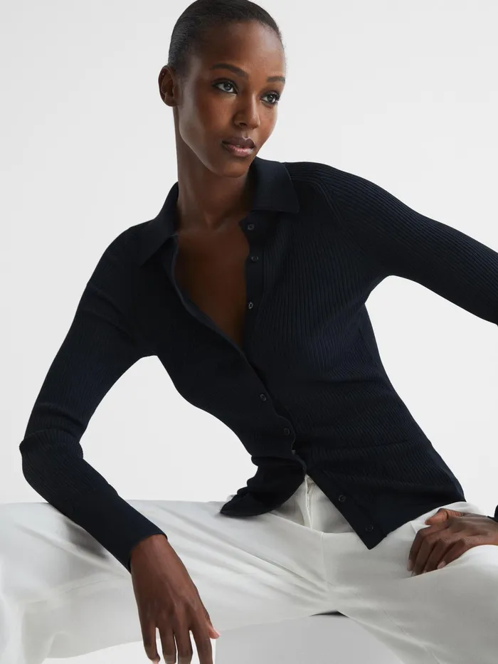 Reiss Knitwear Sandy Ribbed Button Through Shirt Navy 8211 Women