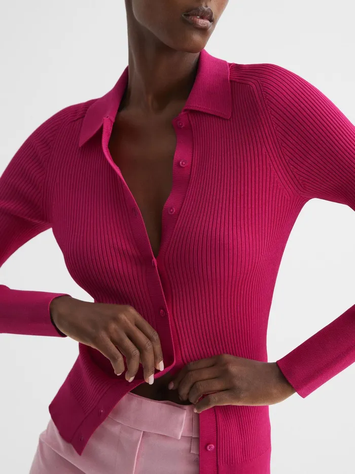 Reiss Knitwear Sandy Ribbed Button Through Shirt Pink 8211 Women