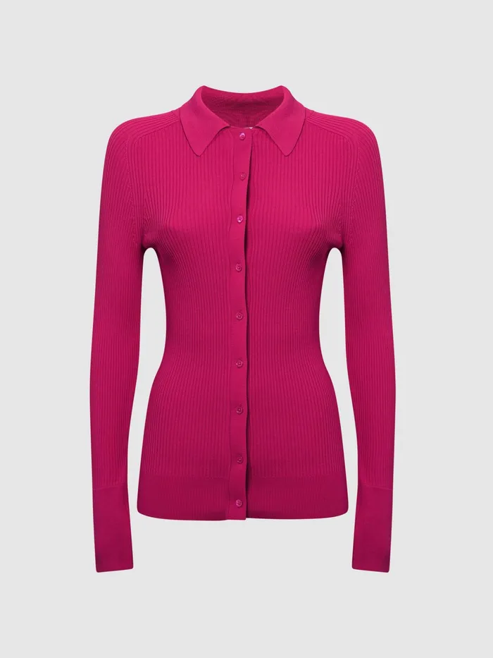 Reiss Knitwear Sandy Ribbed Button Through Shirt Pink 8211 Women