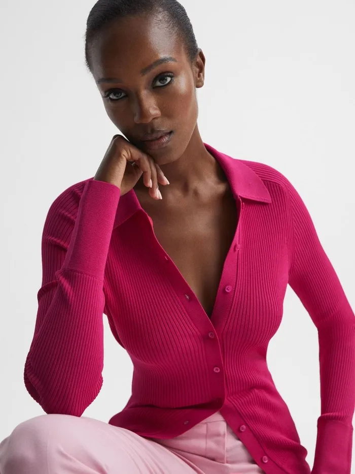 Reiss Knitwear Sandy Ribbed Button Through Shirt Pink 8211 Women