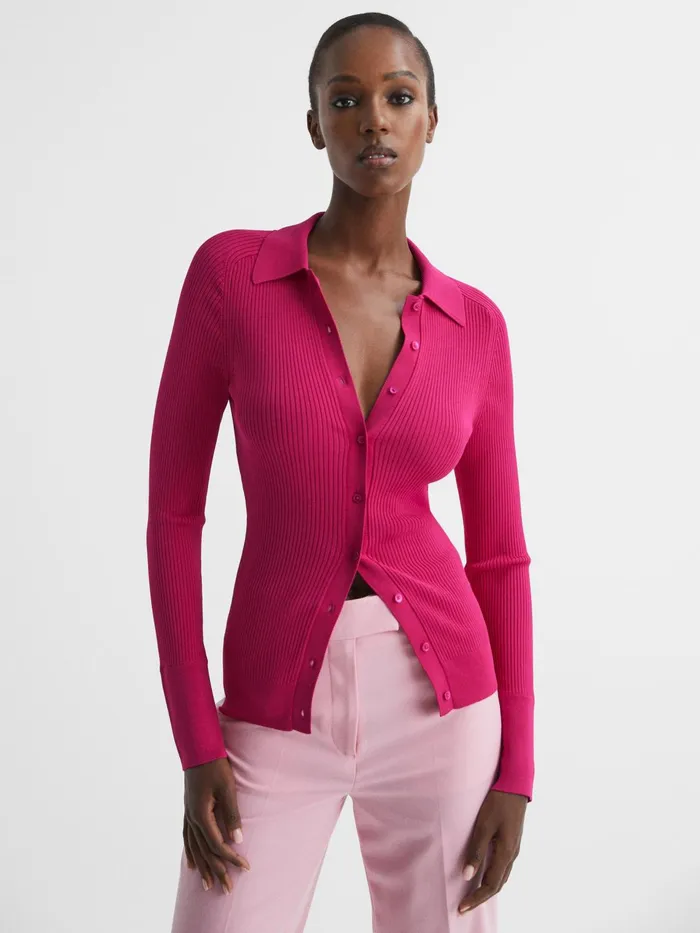 Reiss Knitwear Sandy Ribbed Button Through Shirt Pink 8211 Women