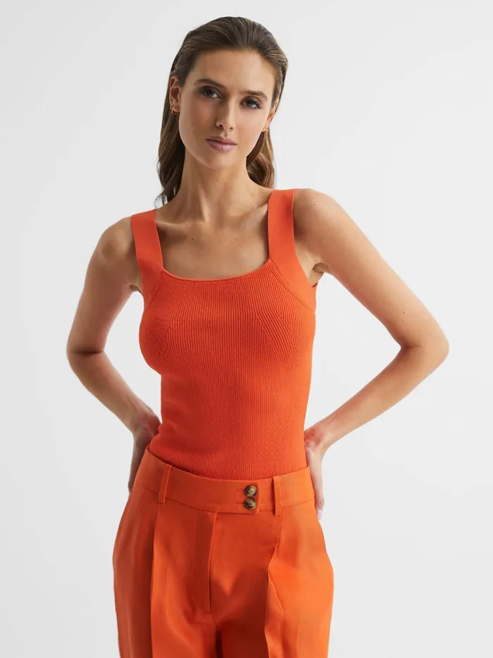 Reiss Knitwear Tamara Square Neck Ribbed Vest Orange 8211 Women