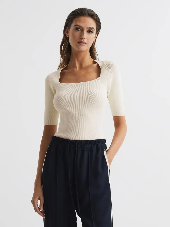 Reiss Knitwear Tina Square Neck Ribbed Top Cream 8211 Women