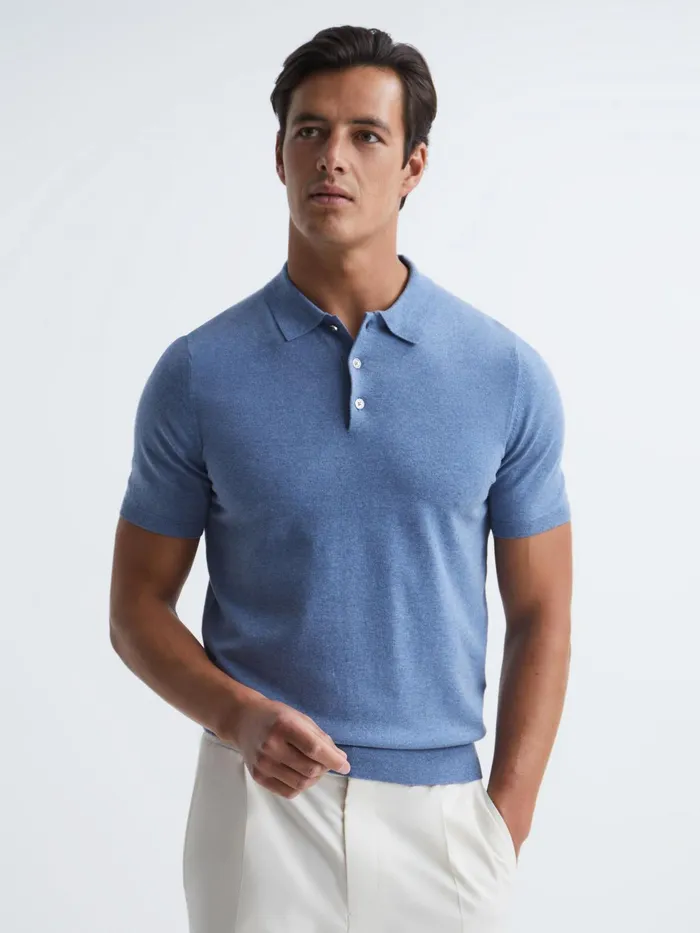 Reiss Knitwear Wilton Slim Fit Knitted Polo Shirt Denim Melange 8211 Men