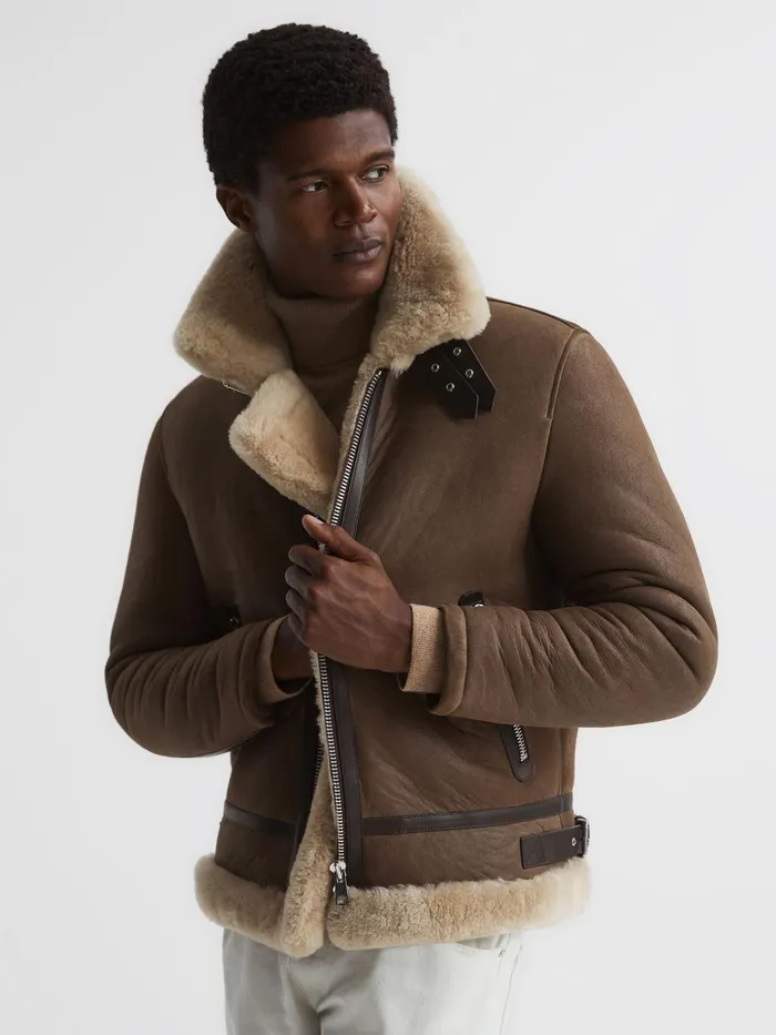 Reiss Leather Jackets Hardy Shearling Double Buckle Jacket Brown 8211 Men
