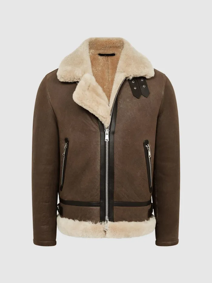 Reiss Leather Jackets Hardy Shearling Double Buckle Jacket Brown 8211 Men