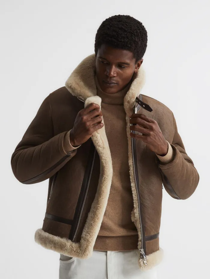 Reiss Leather Jackets Hardy Shearling Double Buckle Jacket Brown 8211 Men