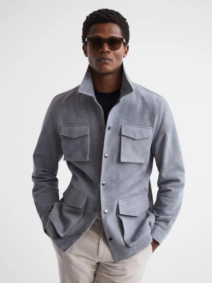 Reiss Leather Jackets Mays Suede Long Sleeve Four Pocket Jacket Steel Blue 8211 Men Reiss Leather Jackets Mays Suede Long Sleeve Four Pocket Jacket Steel Blue 8211 Men