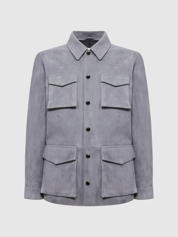 Reiss Leather Jackets Mays Suede Long Sleeve Four Pocket Jacket Steel Blue 8211 Men