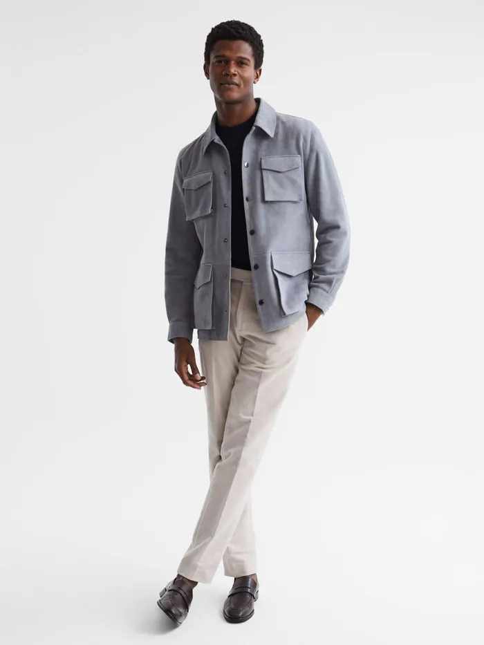 Reiss Leather Jackets Mays Suede Long Sleeve Four Pocket Jacket Steel Blue 8211 Men