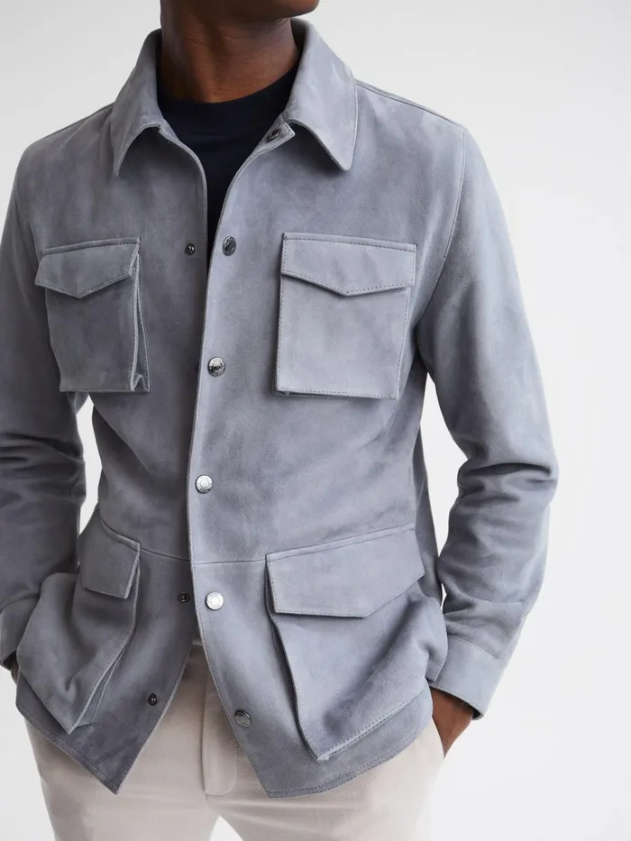Reiss Leather Jackets Mays Suede Long Sleeve Four Pocket Jacket Steel Blue 8211 Men