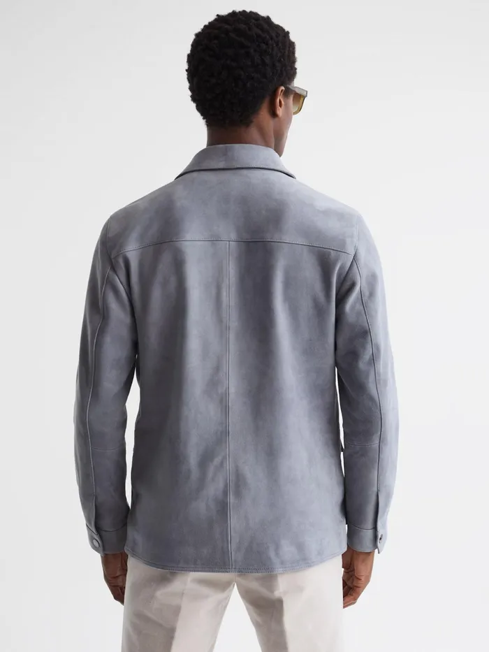 Reiss Leather Jackets Mays Suede Long Sleeve Four Pocket Jacket Steel Blue 8211 Men