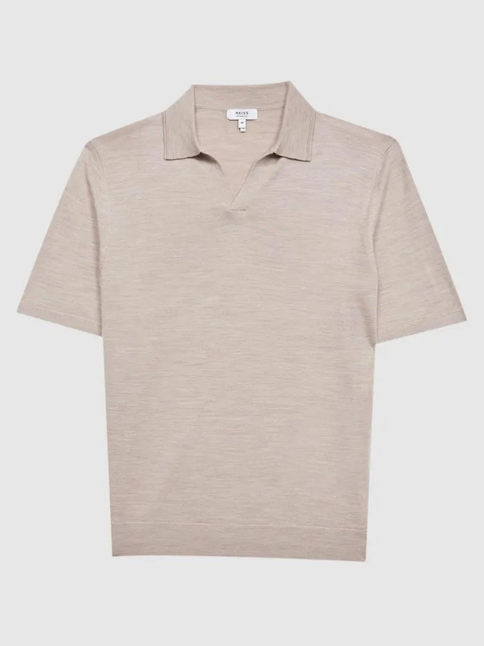 Reiss Polo Shirts Duchie Merino Wool Open Collar Polo Shirt Wheat Melange 8211 Men