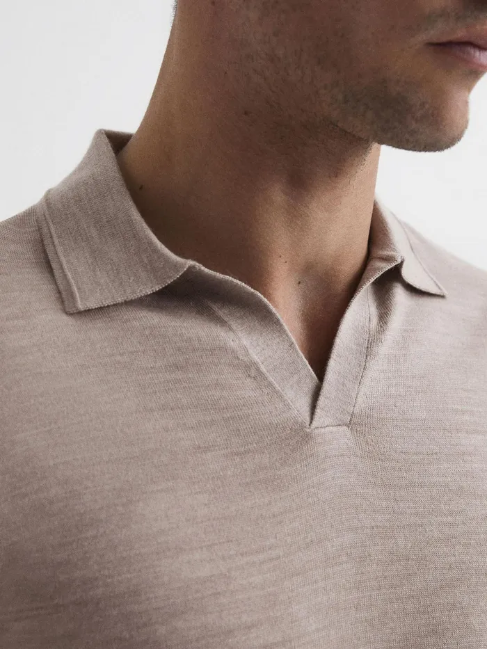 Reiss Polo Shirts Duchie Merino Wool Open Collar Polo Shirt Wheat Melange 8211 Men