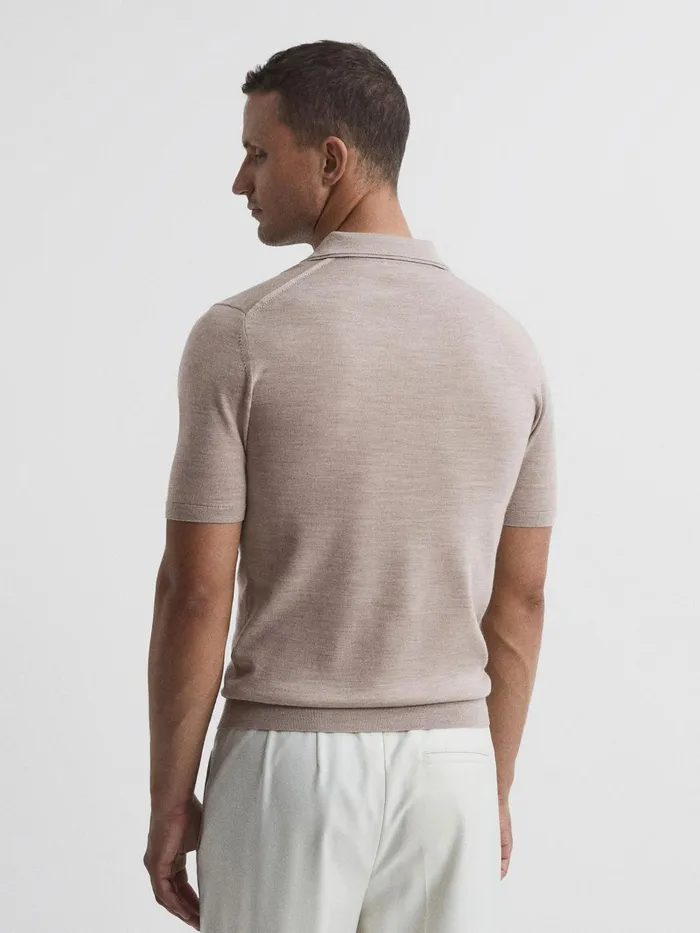 Reiss Polo Shirts Duchie Merino Wool Open Collar Polo Shirt Wheat Melange 8211 Men