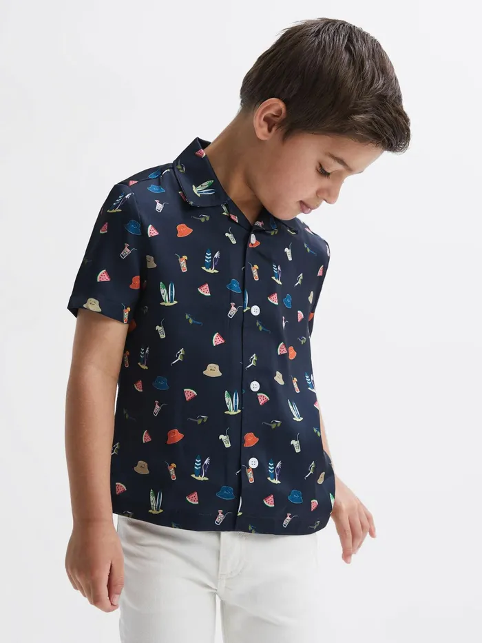 Reiss Shirts Archer Beach Print Cuban Collar Shirt Navy 8211 Children