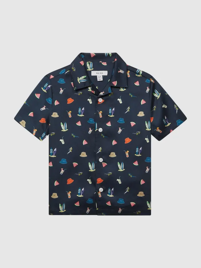 Reiss Shirts Archer Beach Print Cuban Collar Shirt Navy 8211 Children