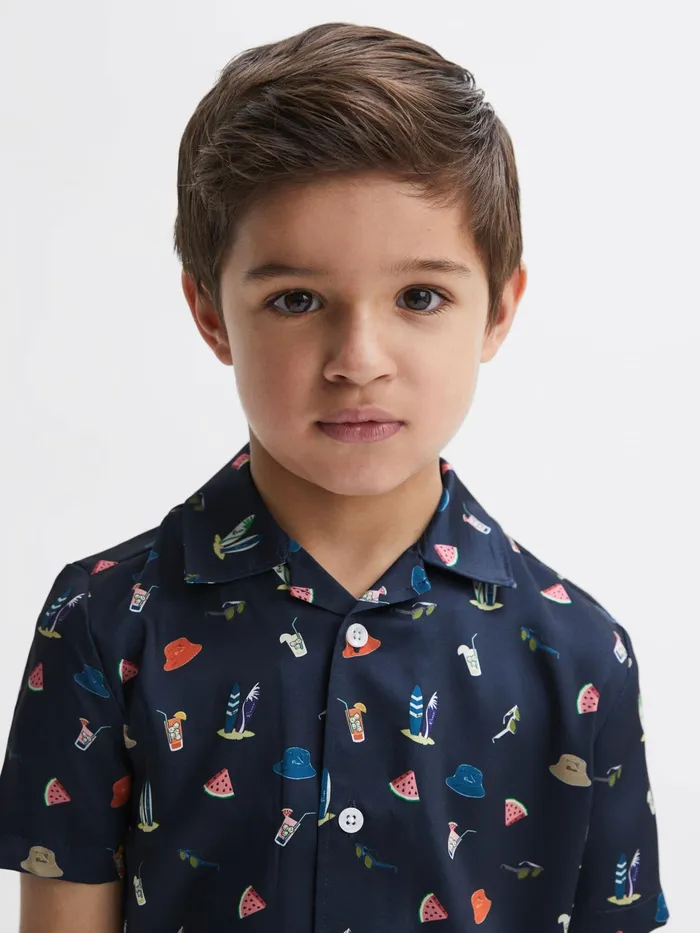 Reiss Shirts Archer Beach Print Cuban Collar Shirt Navy 8211 Children